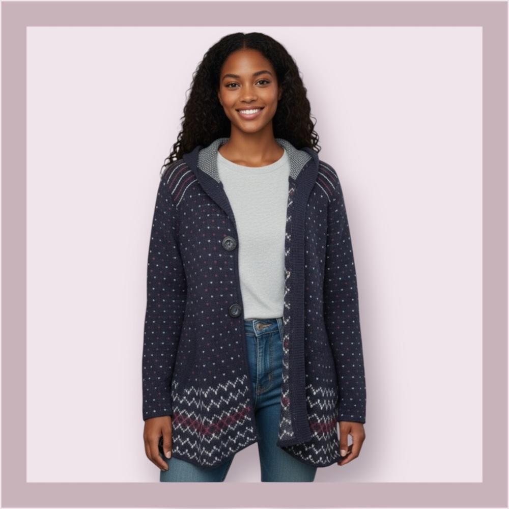 Free People Navy Hooded Hearts & Stripes Cardigan